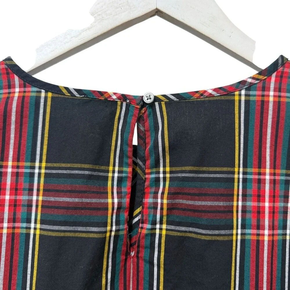 J CREW Plaid Blouse Small Black Red Puff Sleeve Preppy Womens Top Organic Cotton
